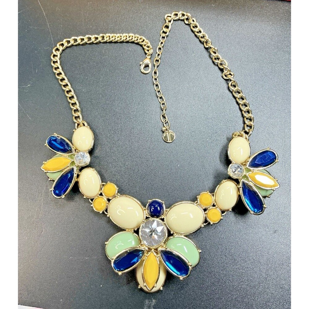 Goldtone Bee Blue Yellow Cream Green Acrylic Insets Talbots Statement Necklace - Picture 8 of 14